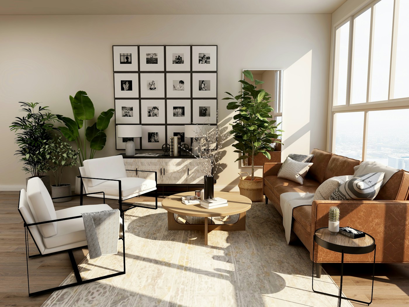 A sunlit living space with natural textures and considered details